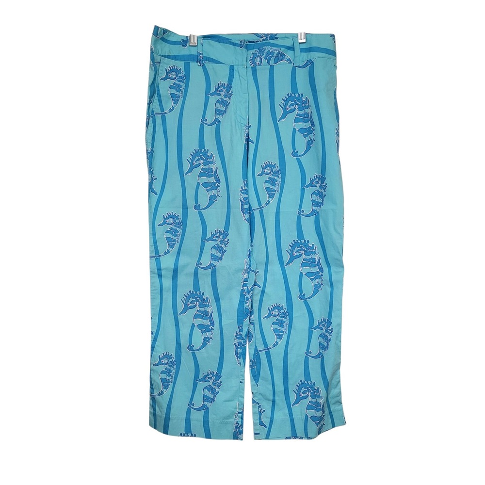Lilly Pulitzer Seahorse Print Cropped Pants Blue Turquoise Nautical Coastal SZ 4
